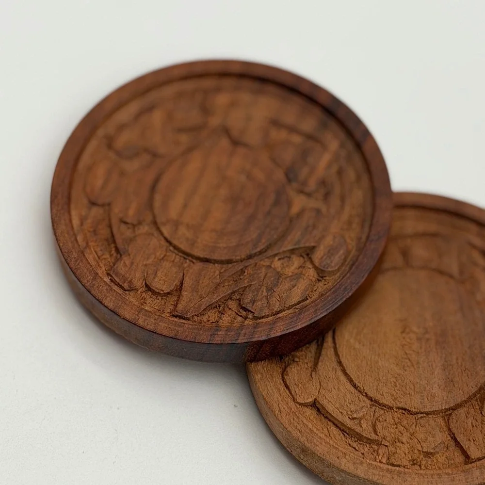 Vintage Hand Carved Floral Wood Coaster Set of 6 with Round Holder Brown Boho