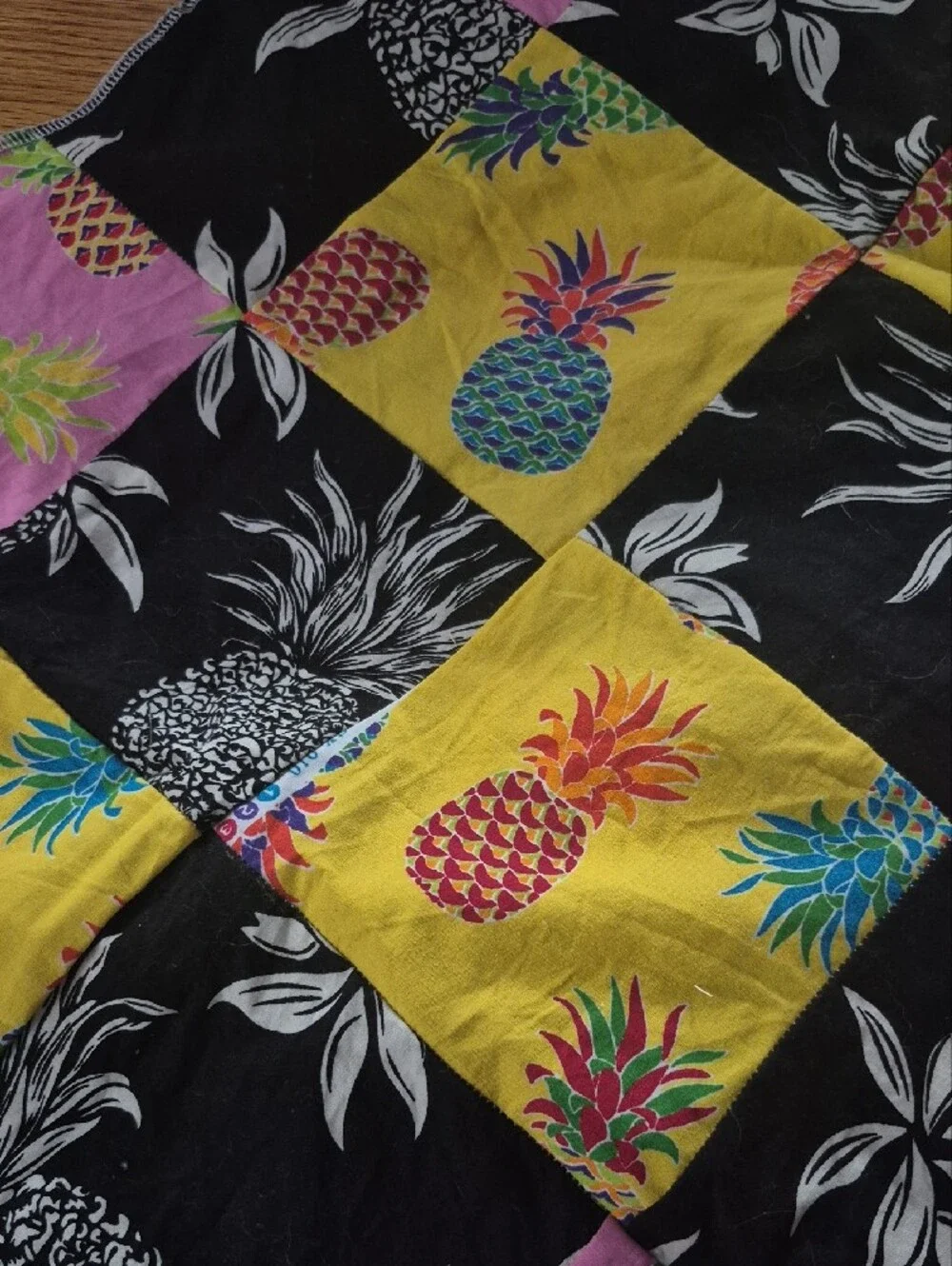 Tropical Pineapple Patchwork Cotton Throw - Yellow, Pink, Black