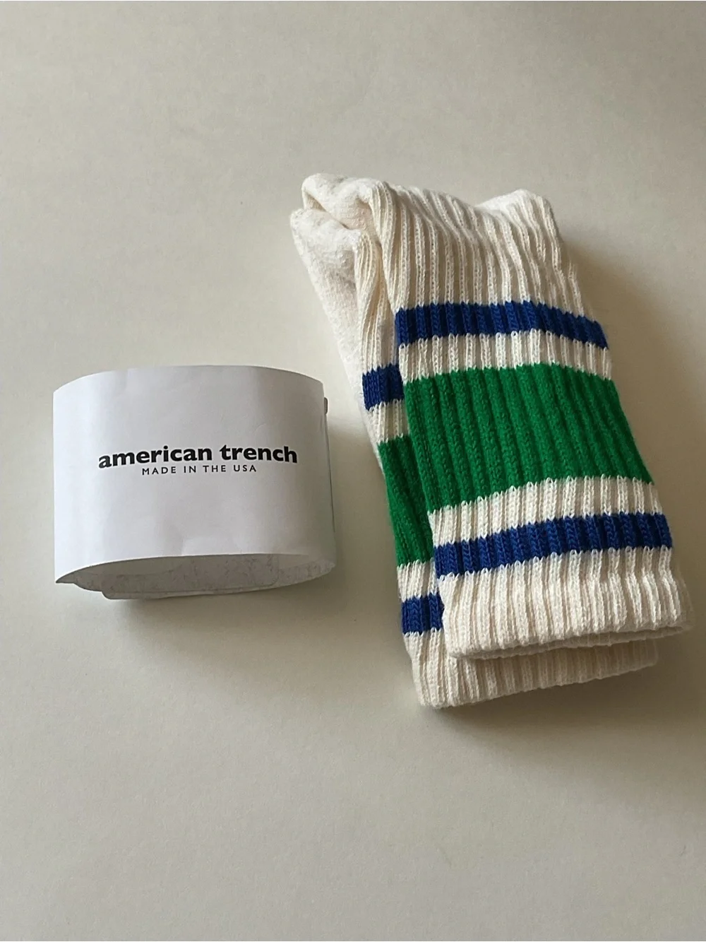 AMERICAN TRENCH RETRO STRIPE COTTON CREW SOCKS KELLY GREEN AND ROYAL UNISEX NWT