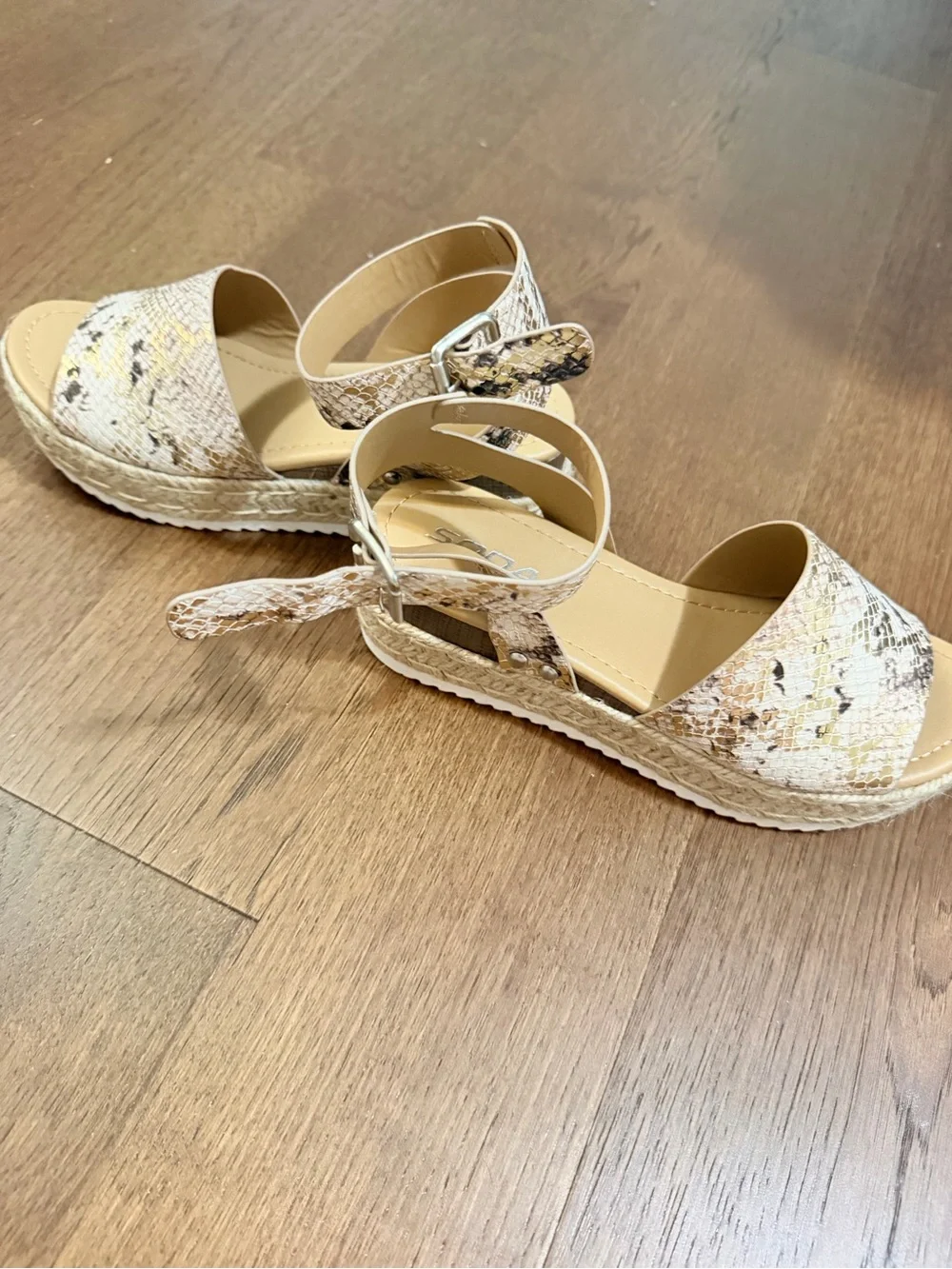 Soda Snake-Print Espadrille Wedge Sandals in Cream and Tan