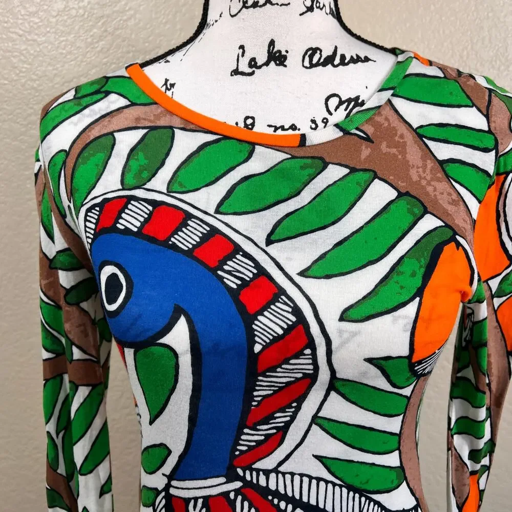 Tory Burch Green/ Blue long sleeve crew neck top size XS bird print