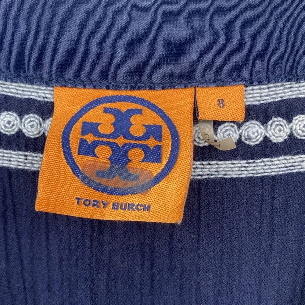 Tory Burch Tunic Blouse Top Womens Size 8 Blue White‎ Lace Long Sleeves V Neck