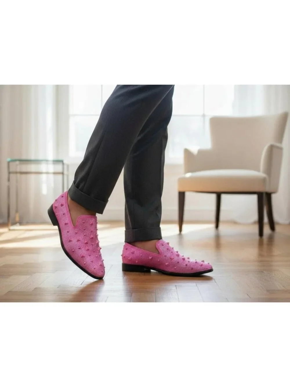 Matrocharm Men's Pink Rubber Vintage Spike Rhinestone Loafer Slip On Party Shoes
