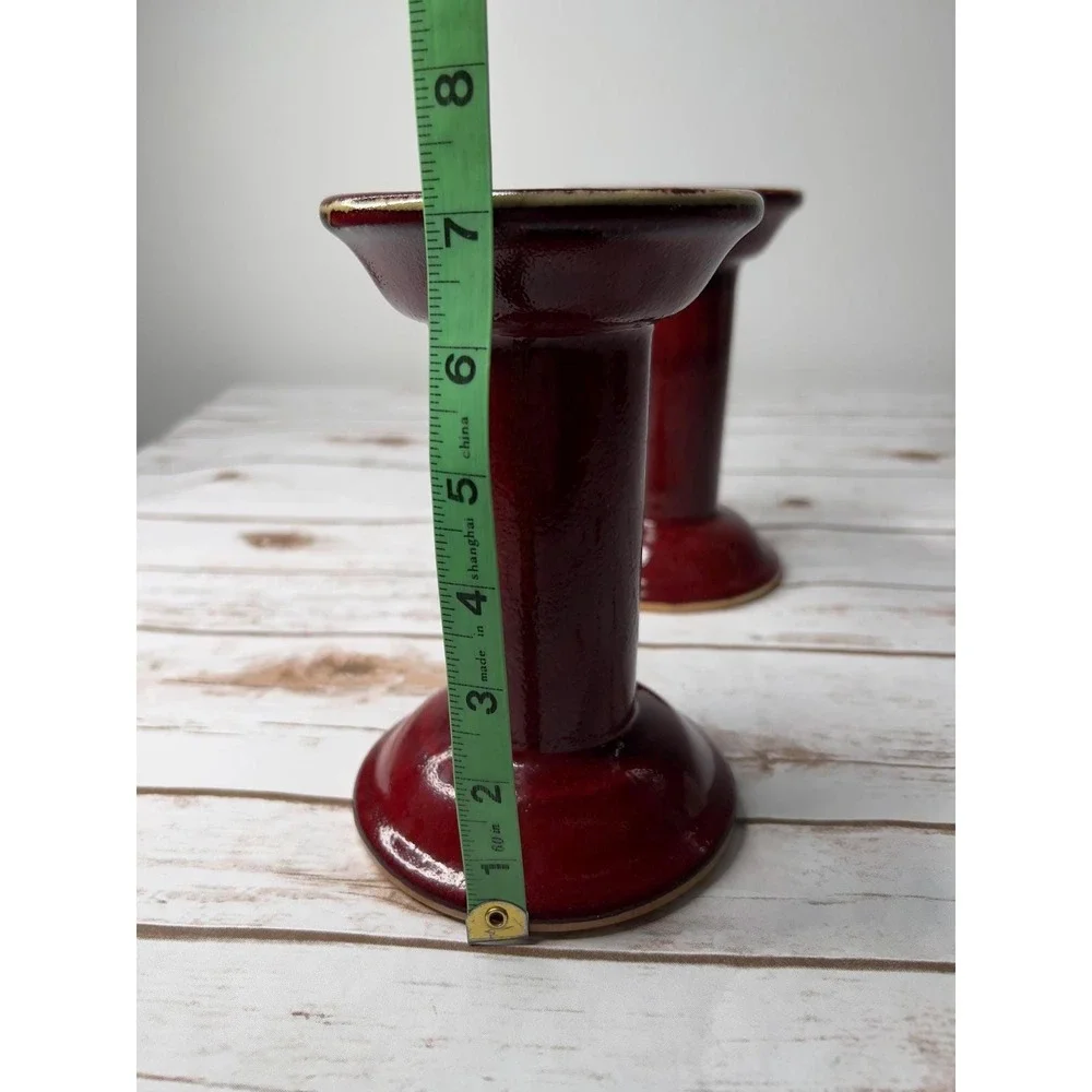 HausenWare Candlestick Holders Red Glossy Ceramic Pedestal Set of‎ 2 7.5in
