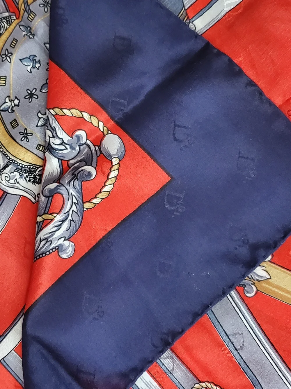 Vintage Christian Dior Silk Scarf Equestrian Hunting Weapon Motif Red Navy Blue