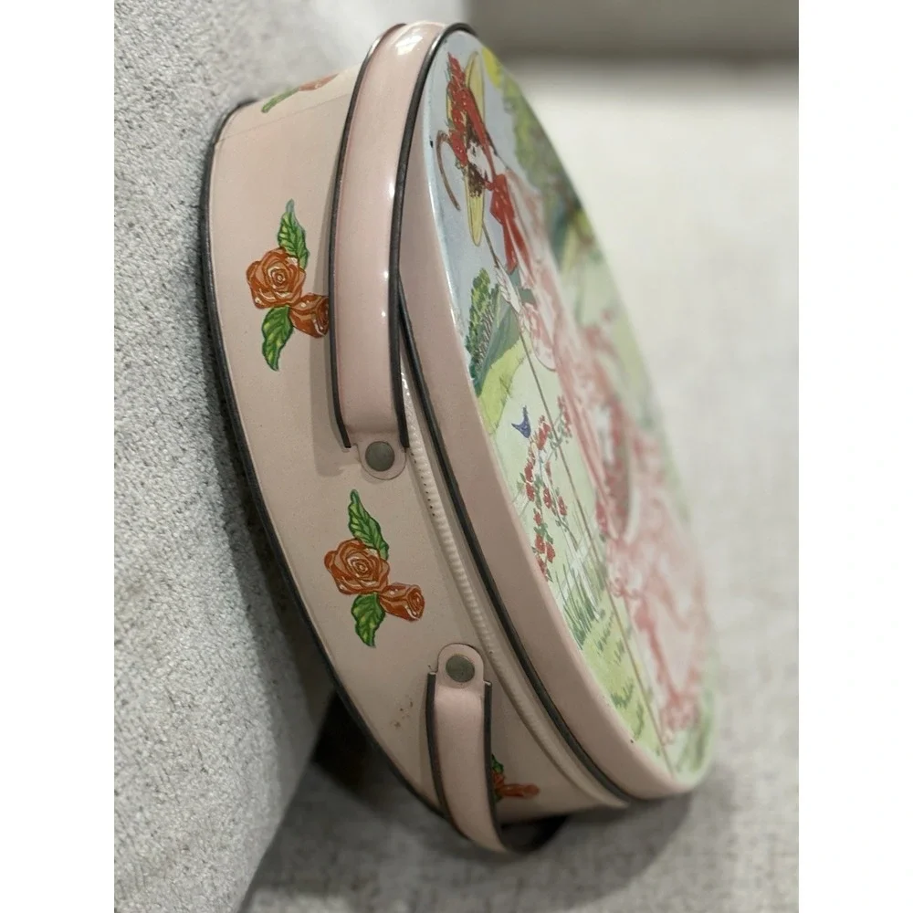 Vintage Valleybrook Farms Oval Tin Cookie Box Cottage‎ Girl Bunny Floral Storage