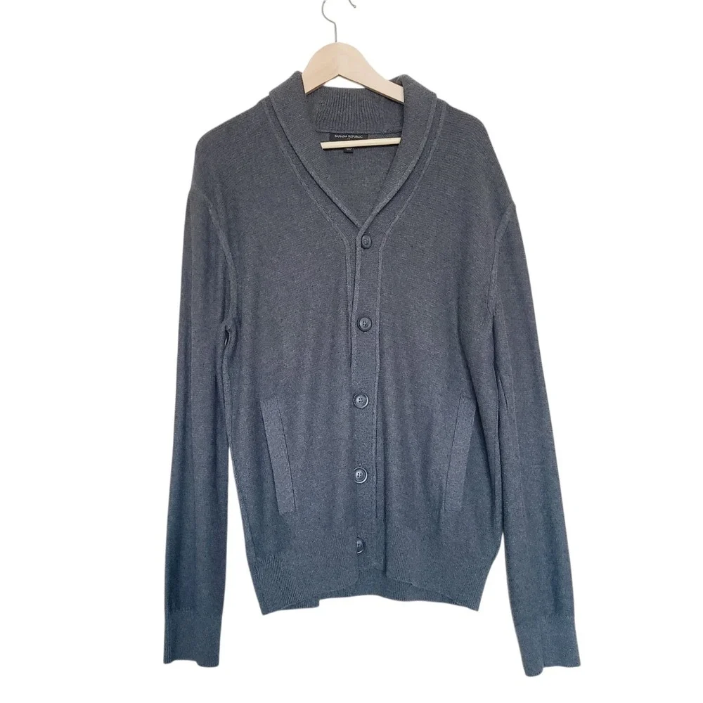Banana Republic Cardigan Mens Medium Gray Shawl Collar Cotton Sweater‎ Grandpa