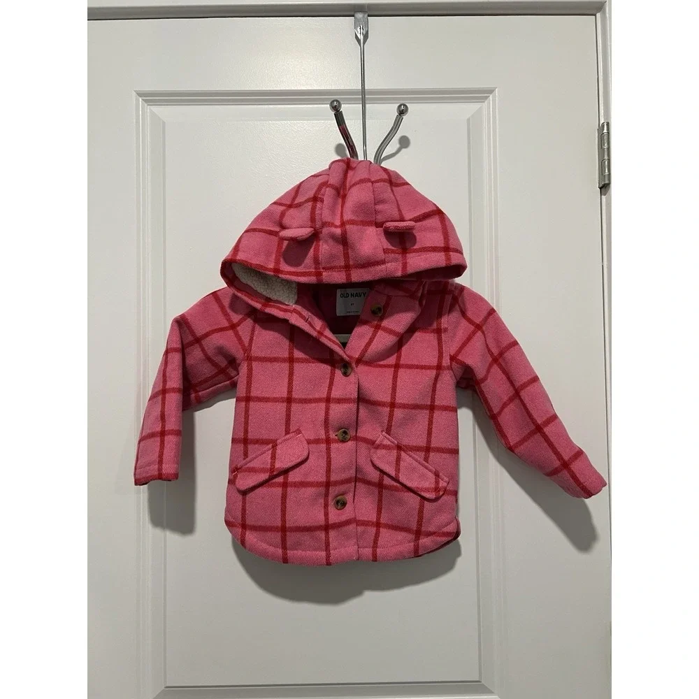✨ Old Navy Plaid Button-Front Critter Hooded Coat Toddler‎ Size 3T  Pink Plaid