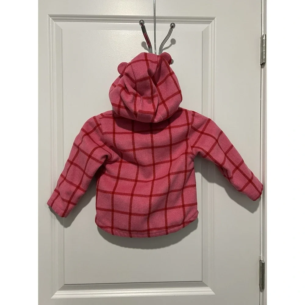 ✨ Old Navy Plaid Button-Front Critter Hooded Coat Toddler‎ Size 3T  Pink Plaid