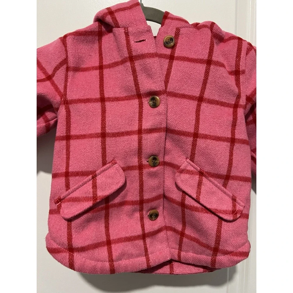 ✨ Old Navy Plaid Button-Front Critter Hooded Coat Toddler‎ Size 3T  Pink Plaid