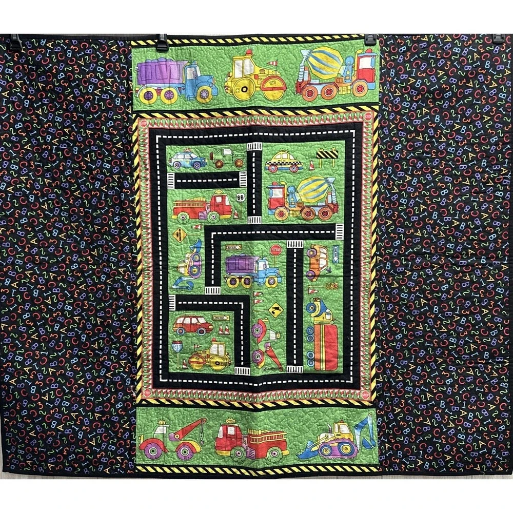 Boys Quilt Handmade Blanket Construction Roads Vehicles ABC 45x39