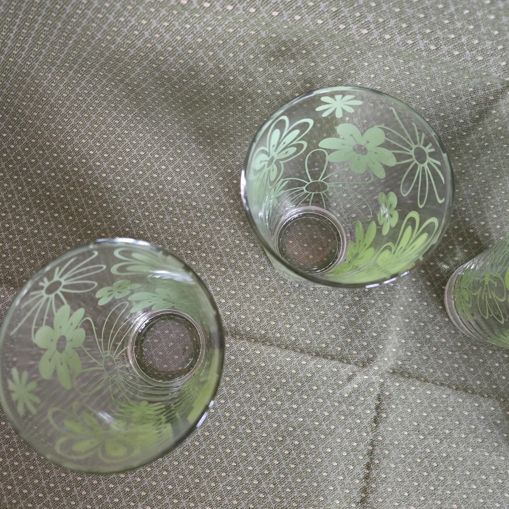 Cerve Floral Glass Tumblers Set of 4 Green Flower Design Vintage