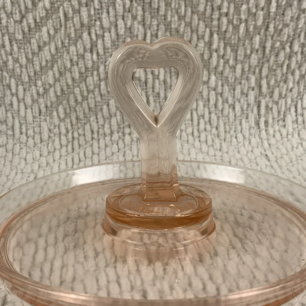 Pink‎ Depression Glass Heart Shaped Handle Candy Nut Tray Dish Trinket Jewelry