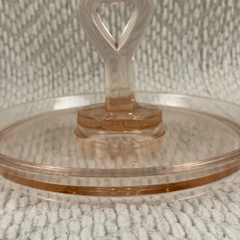 Pink‎ Depression Glass Heart Shaped Handle Candy Nut Tray Dish Trinket Jewelry