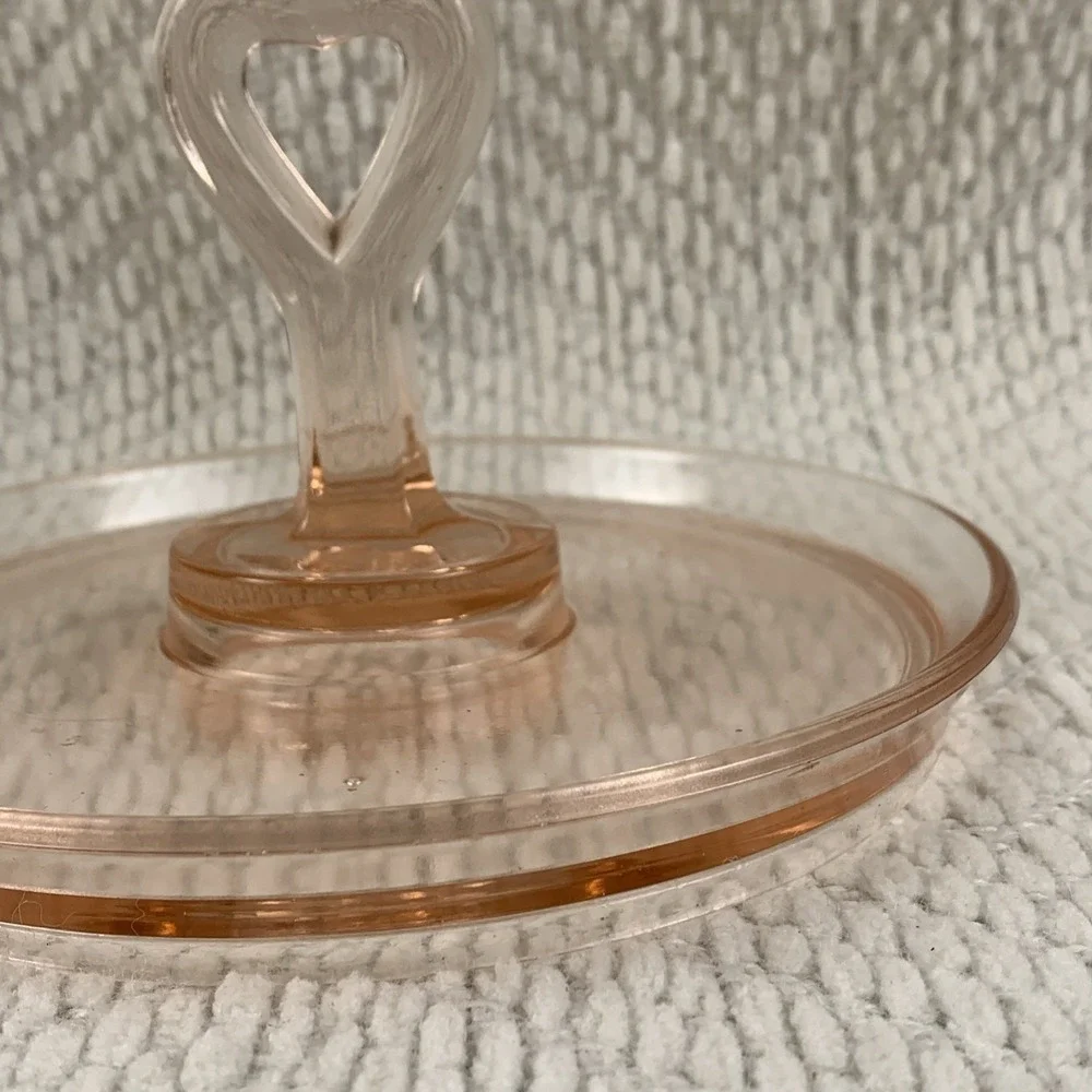 Pink‎ Depression Glass Heart Shaped Handle Candy Nut Tray Dish Trinket Jewelry