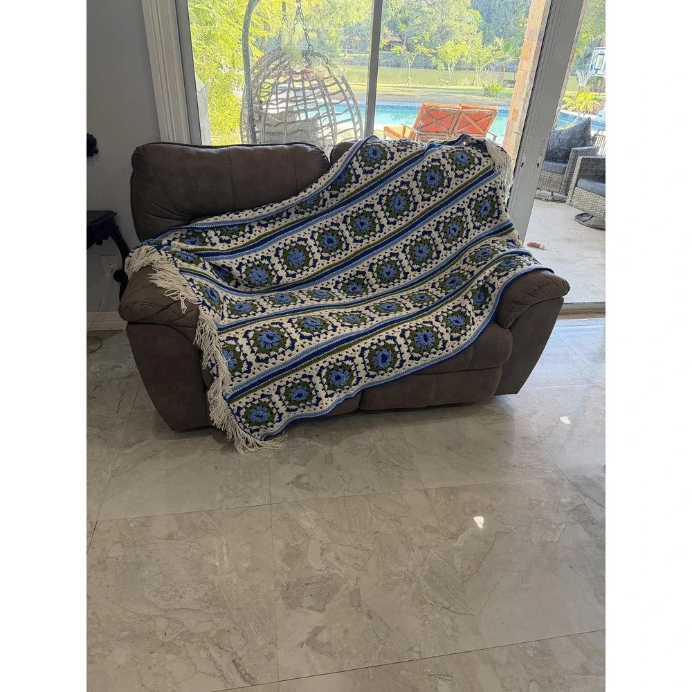 Handmade Crochet Afghan‎ Throw Blanket Granny Square Blue Green Ivory Fringe