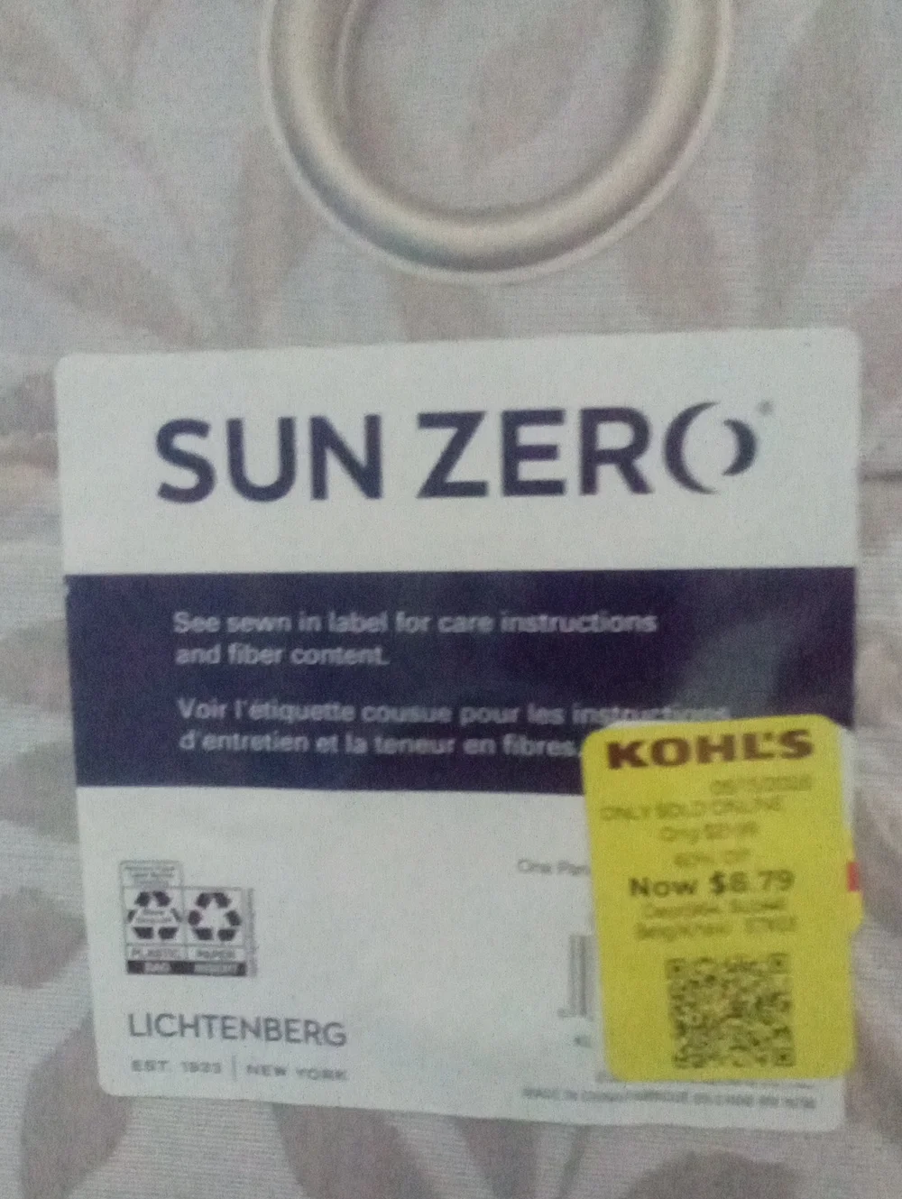 SUN ZERO Grommet Curtain Panel One Leaf Print NWT $27.99 Neutral