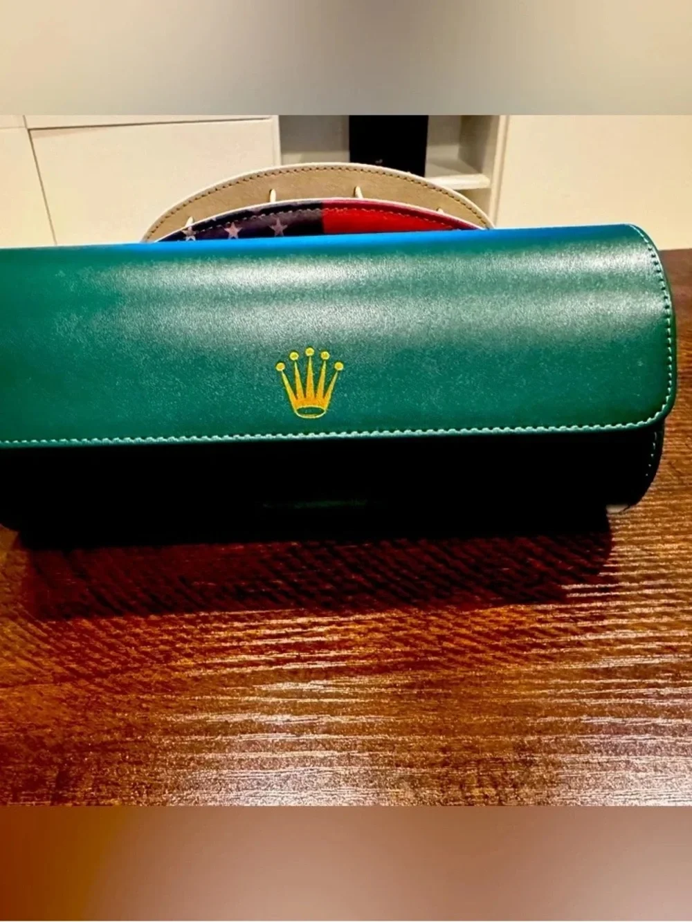 Rolex Green Watch Travel Case with Gold Crown Accent