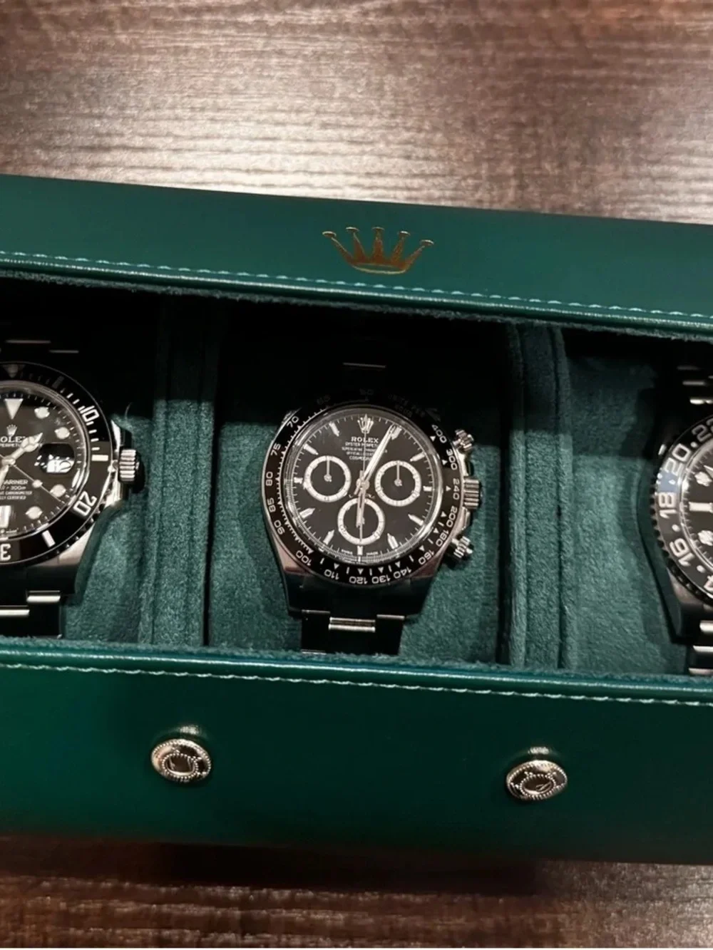 Rolex Green Watch Travel Case with Gold Crown Accent