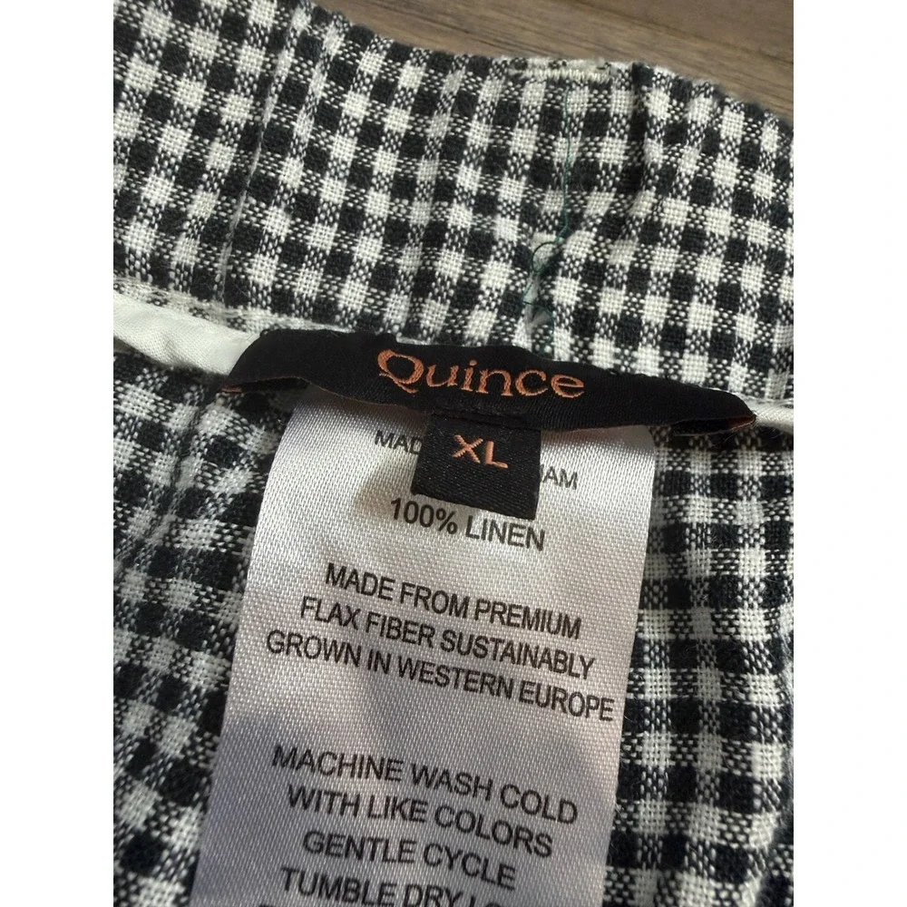 Quince Womens Black White Gingham 100% Linen Elastic Waist Pants XL Tapered