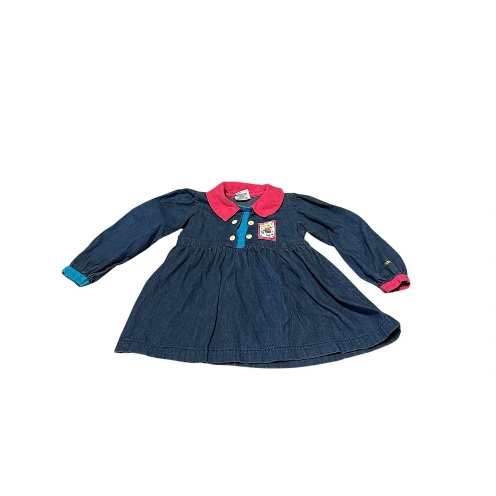 vintage‎ oshkosh Long Sleeve Denim Dress Pink Collar 24 Months