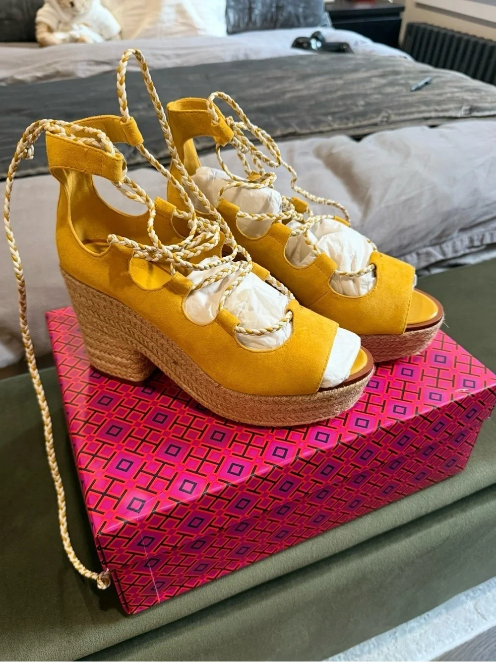 Tory Burch Yellow Suede Braided Lace-Up Platform Sandals