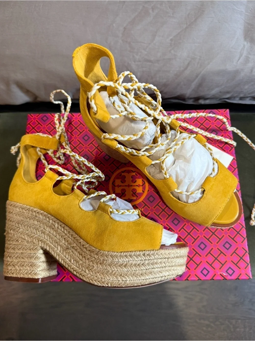 Tory Burch Yellow Suede Braided Lace-Up Platform Sandals