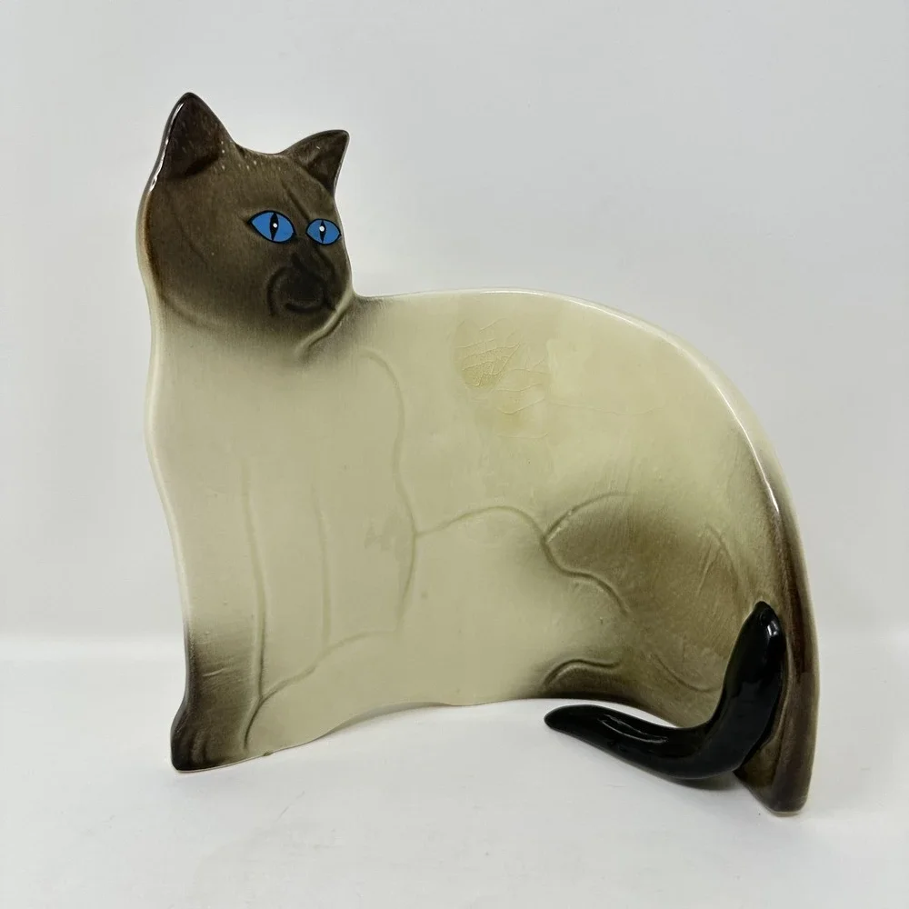 Vintage Seymour Mann Japan Siamese Cat‎ Ceramic Flat Curved Figurine Blue Eyes
