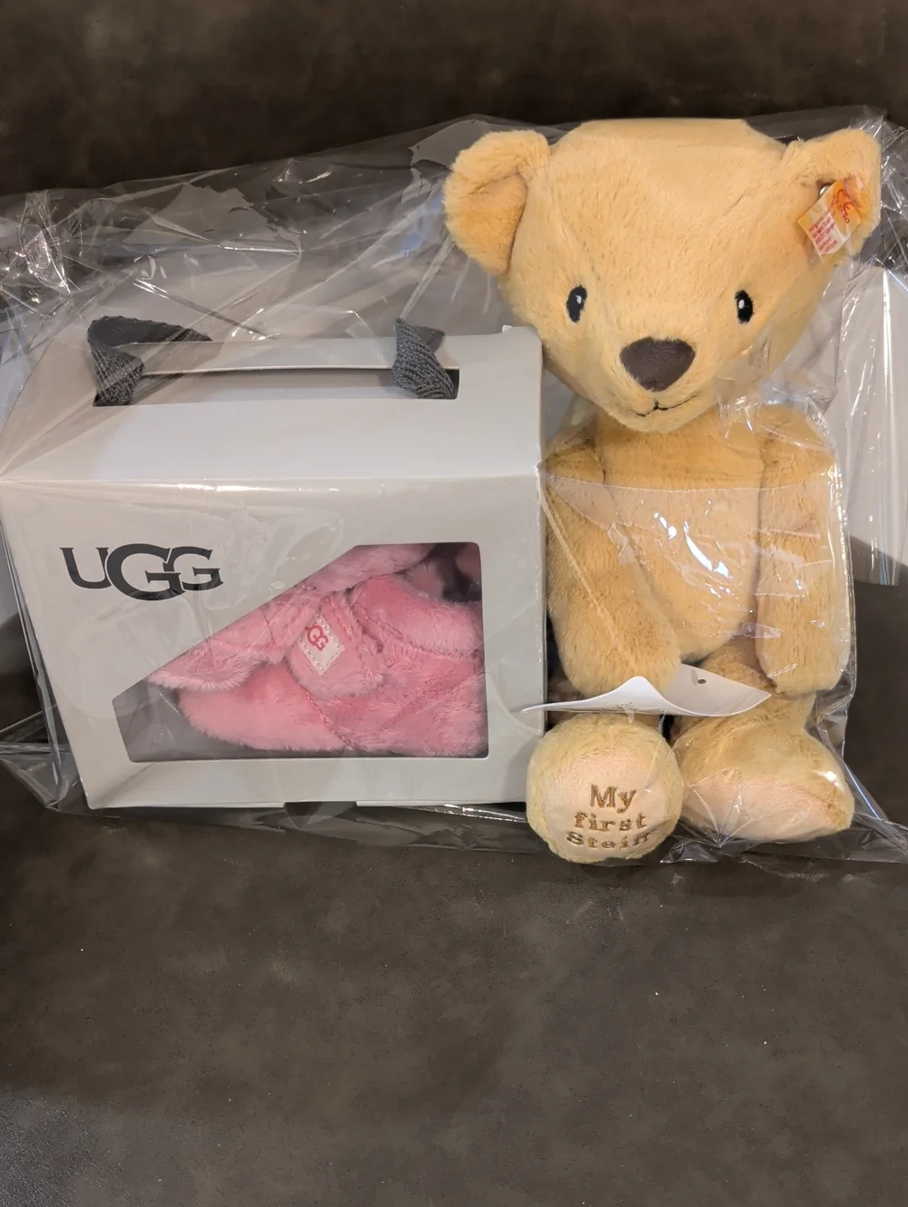UGG Pink Baby Booties with Steiff First Teddy Bear New with Tags  Great Gift
