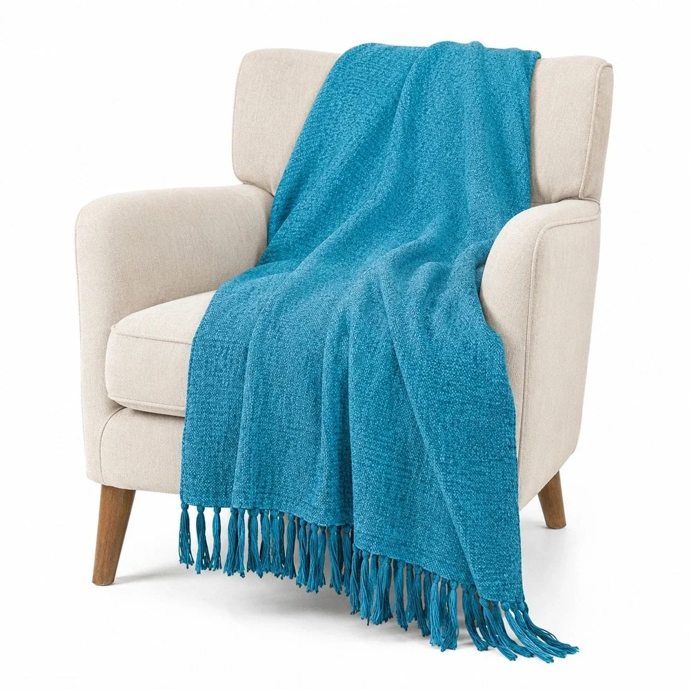 West Elm 44x56 Throw Blanket Tassel Fringe Textured Knit Acrylic Teal Blue 2017