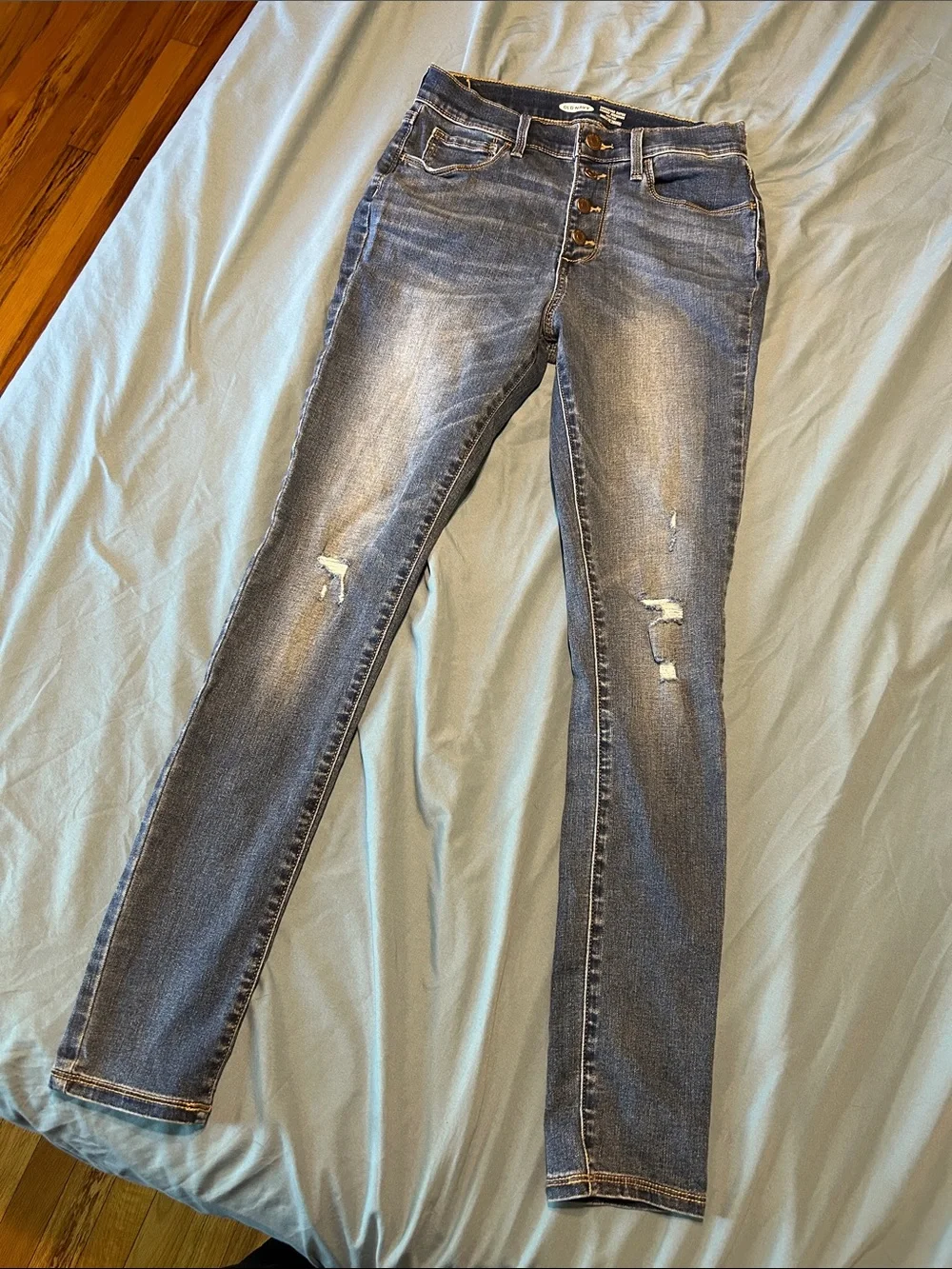 Old Navy girls Button-Fly rockstar Distressed Skinny Jeans - Blue Wash 14