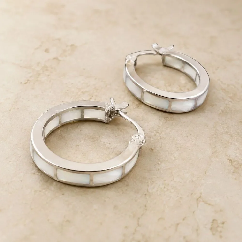 Men’s Faux Opal Inlay Huggies, Silver Tone Finish