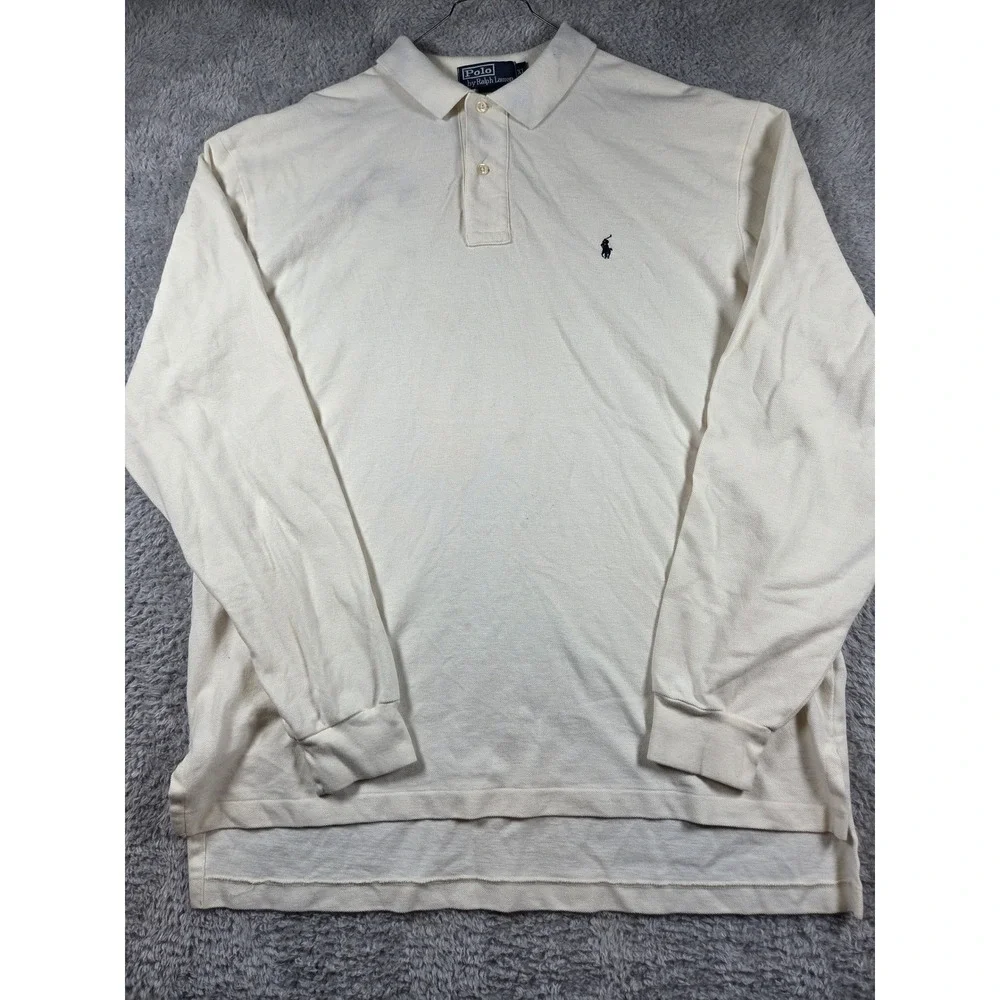 Polo Ralph Lauren Polo Shirt XL Cream Mens Long Sleeve Pique Cotton Logo