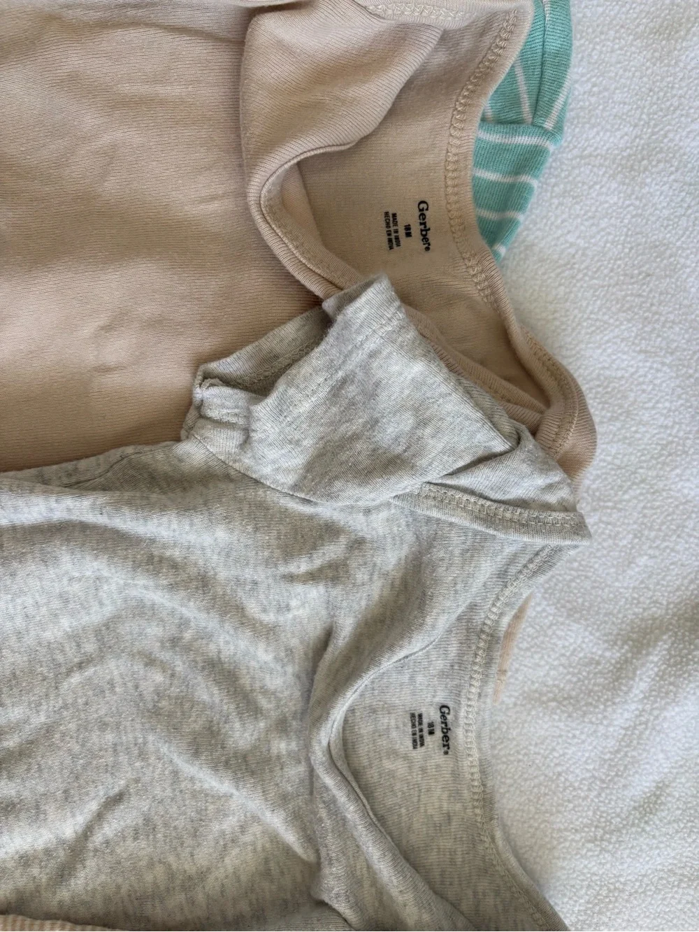 5 piece bundle- Gerber onesies in tan and gray, Carter button up & print onesie