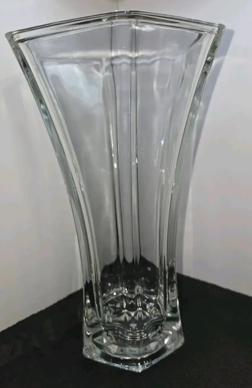 Vintage Hoosier Glass Clear Flared Hexagon Vase #4041 10.25” Panel Ribbon