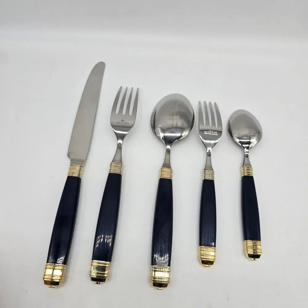 VTG Laslo Mikasa Continental-Navy Gold Stainless Flatware 5 Piece Place Setting