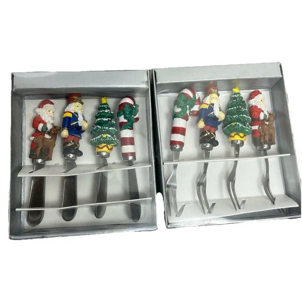 Christmas Cheese Spreader Appetizer Fork Set 8 Santa Tree Nutcracker Candy Cane‎