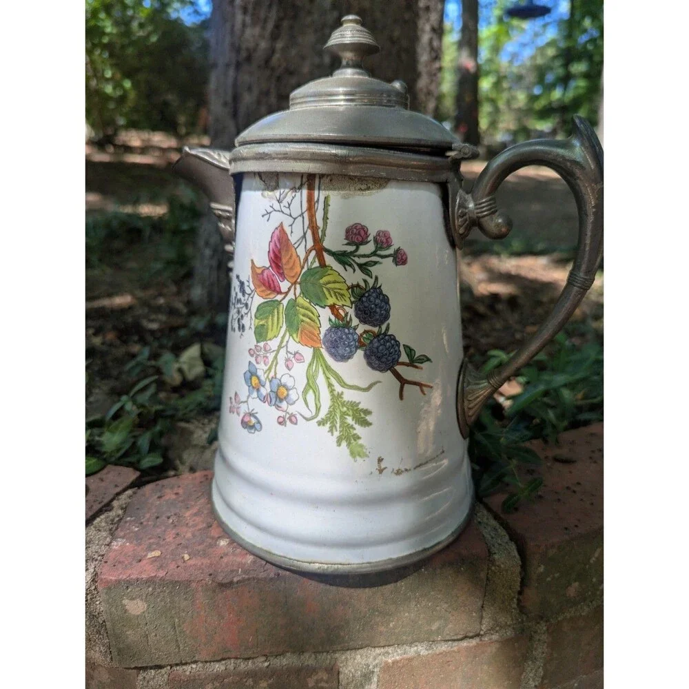 Antique Manning Bowman Blackberry Enamel Pewter Graniteware Coffee Pot 19th C