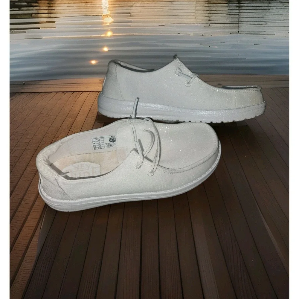 Hey Dude Wendy Y Stardust WHITE Women's Loafer Glitter Slip On Size J5  Womans 7