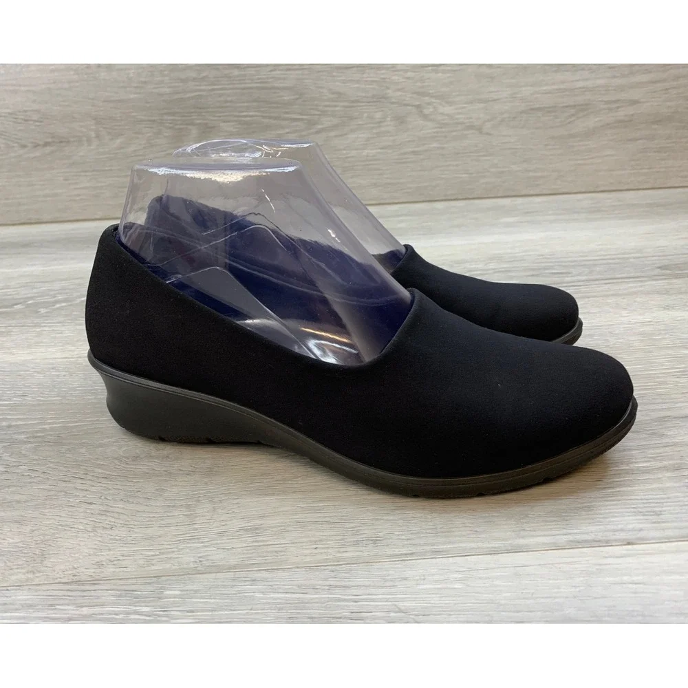 Ecco‎ Women's Black Fabric Wedge Pumps Real Leather 5.5 Insole Slip On Shoes