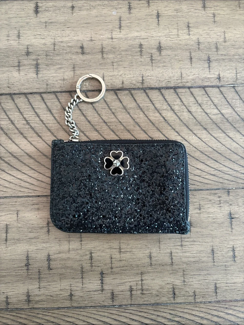kate spade Black Glitter Zip Key Card Holder with Clover Charm