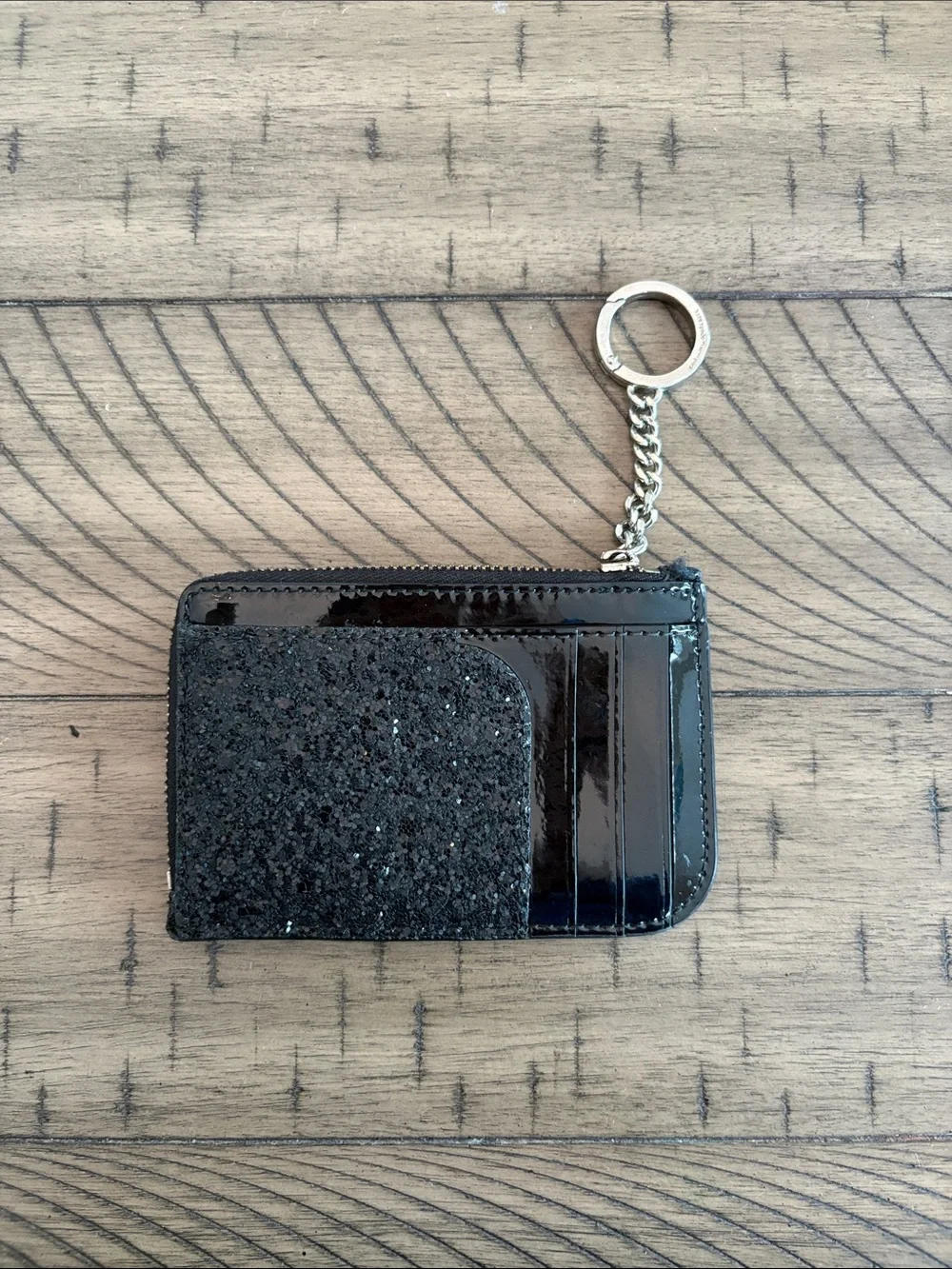 kate spade Black Glitter Zip Key Card Holder with Clover Charm