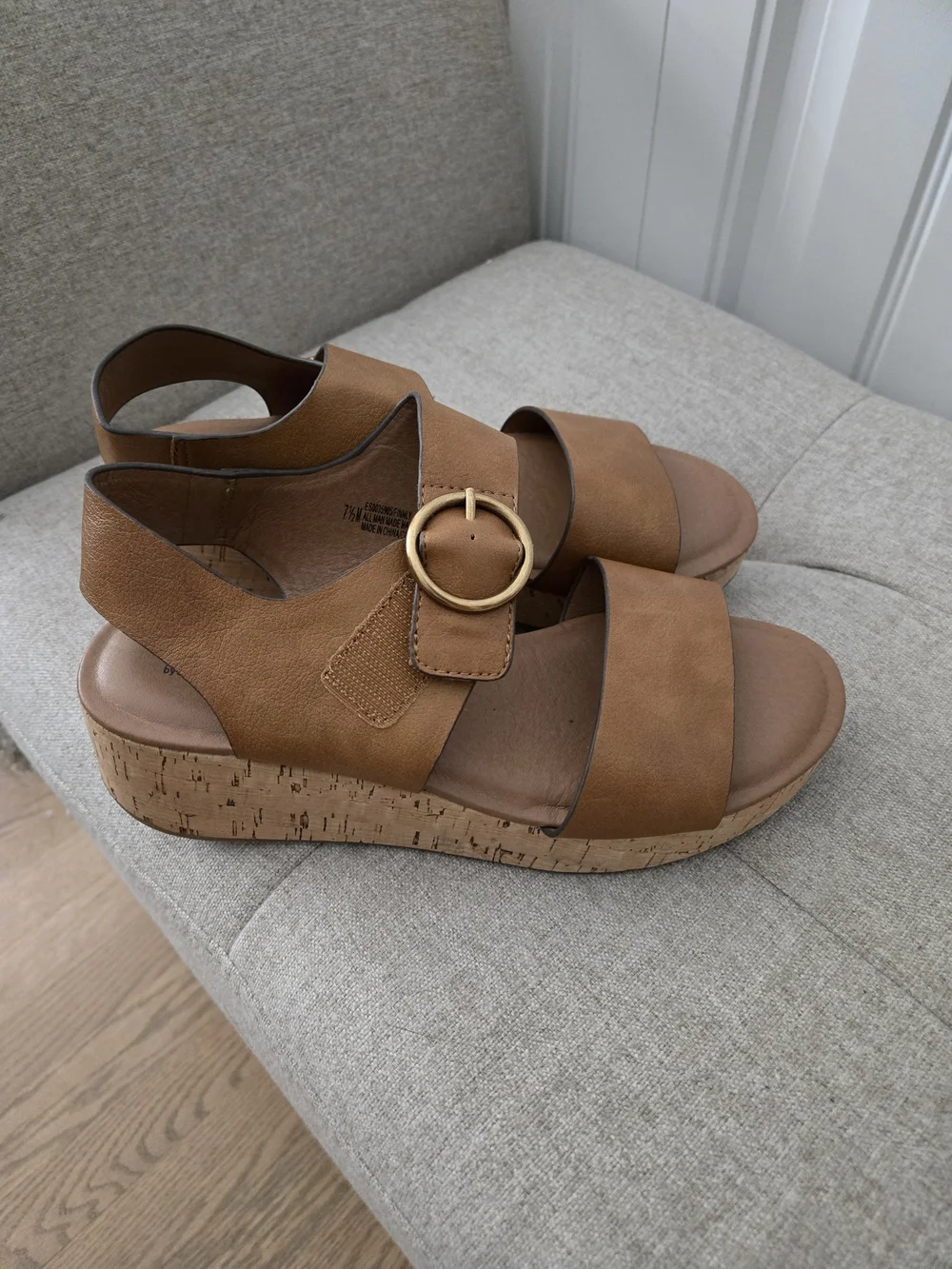 Comfort Cork Wedge Sandals in Tan with Decorative Buckle