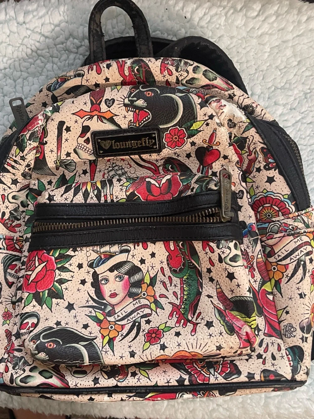 Loungefly Cream Tattoo-Print Mini Backpack with Red, Black & Green Accents