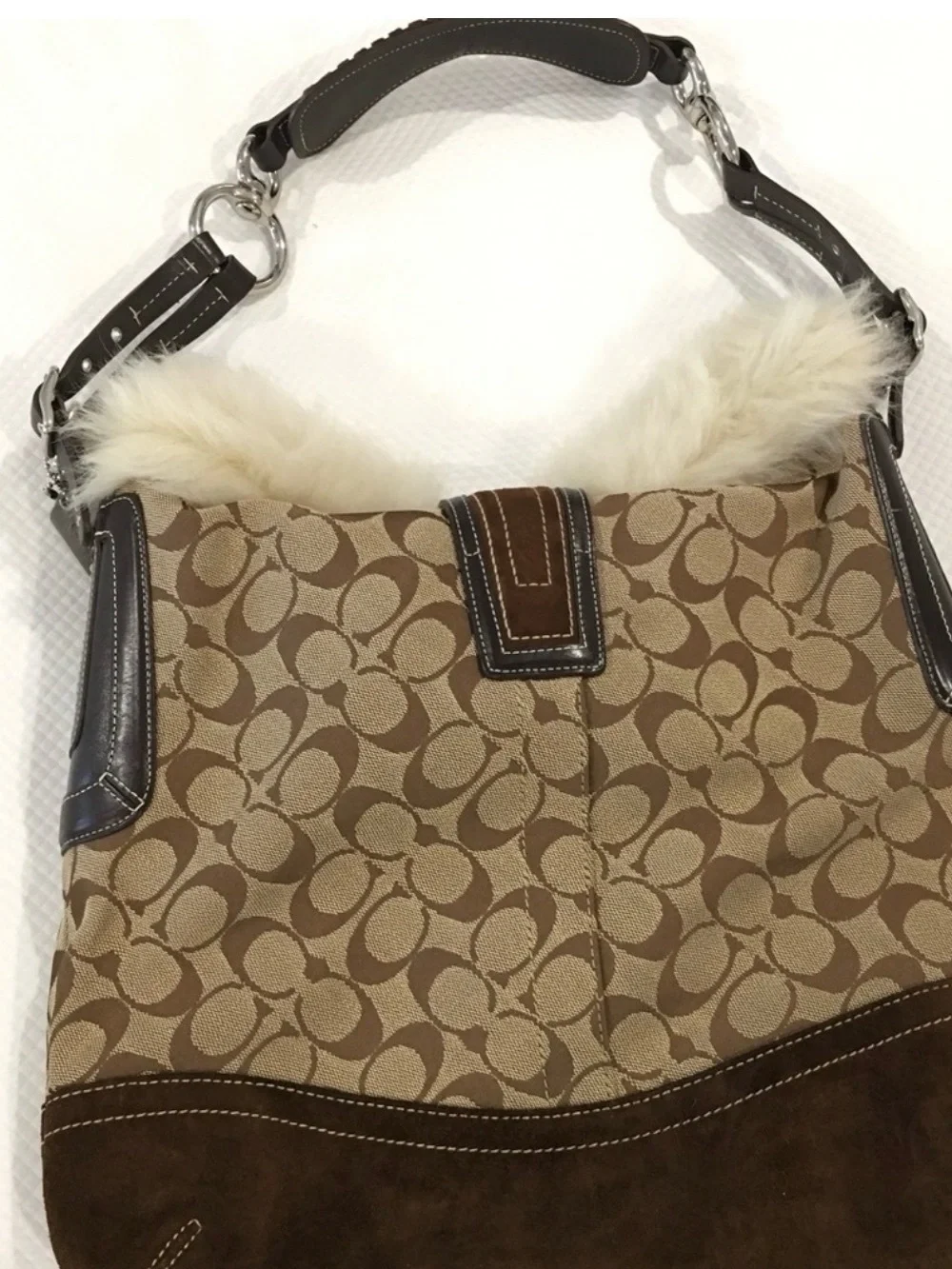 Coach Brown Signature Hobo with Cream Fur Trim