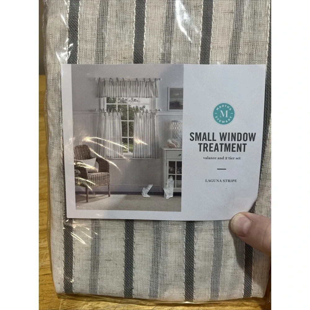 Martha Stewart Small Window Curtain‎ Set Tiers Valance Gray Laguna Stripe Woven