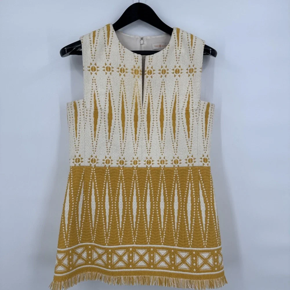 Tory Burch Sleeveless Cream and Mustard Patterned Shift Dress