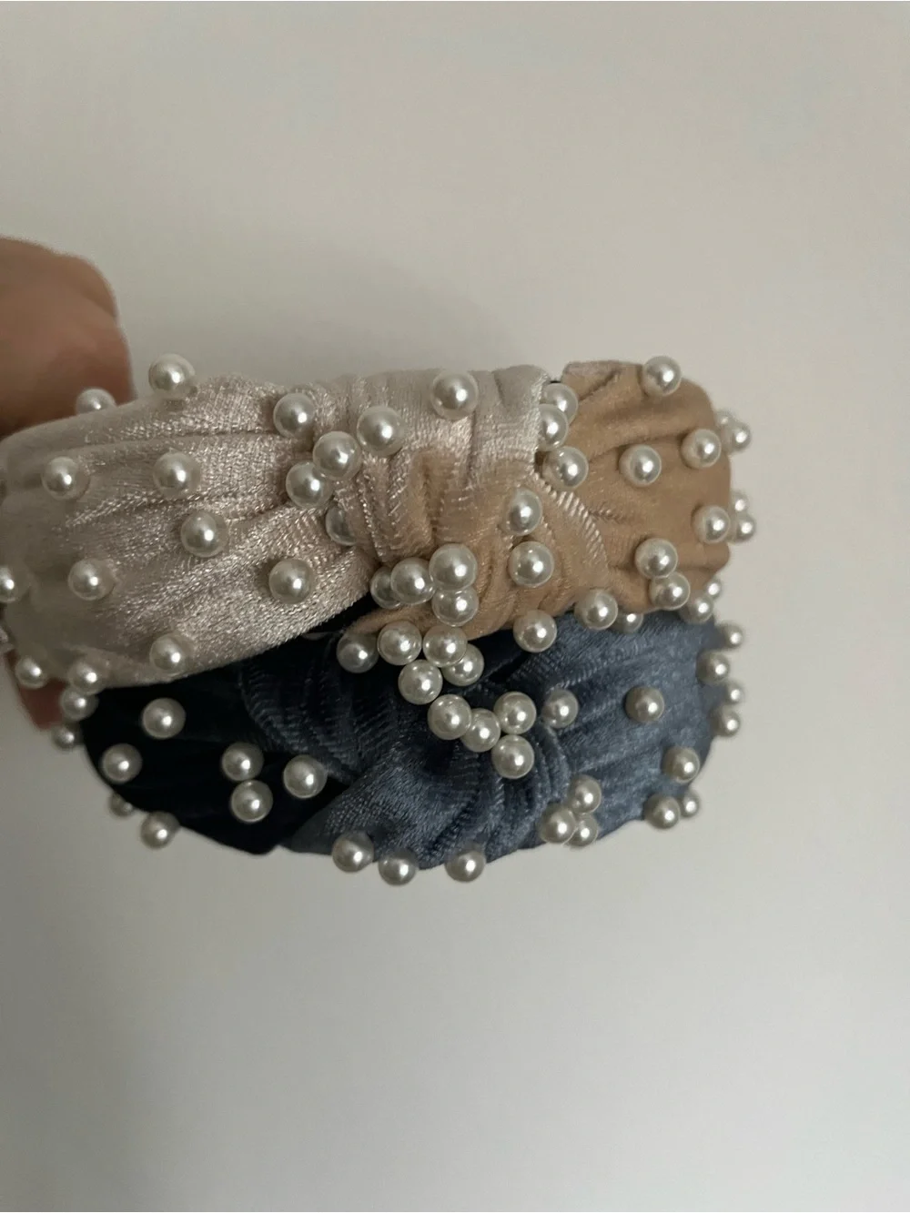 Lele Sadoughi inspired Pearl-Trim Knotted Headband - Beige & Charcoale