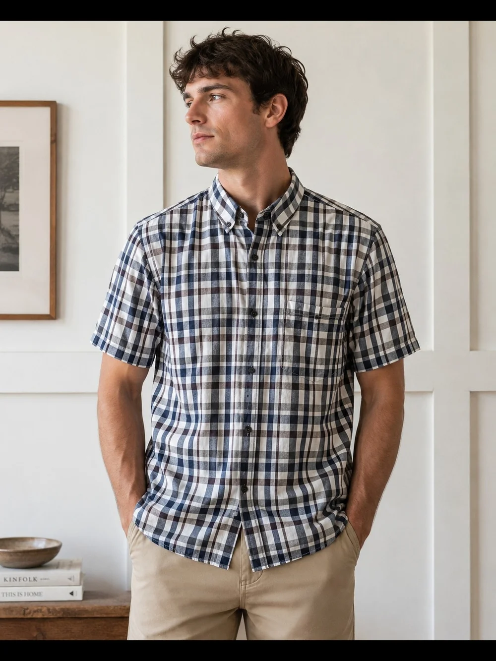 Banana Republic Short-Sleeve Plaid Button-Down Shirt in Navy, White, and Tan