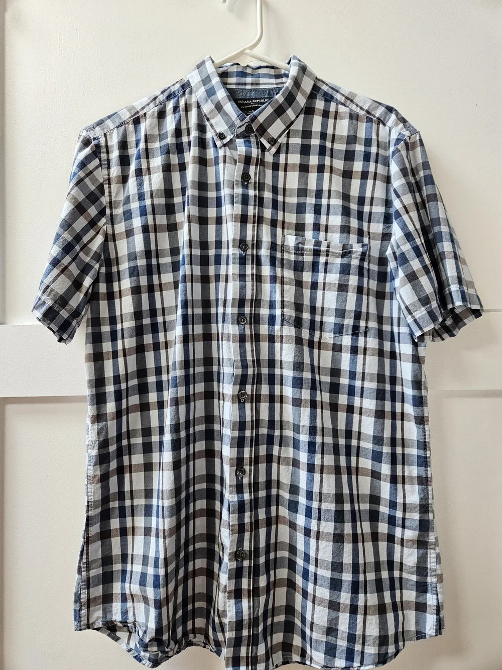 Banana Republic Short-Sleeve Plaid Button-Down Shirt in Navy, White, and Tan